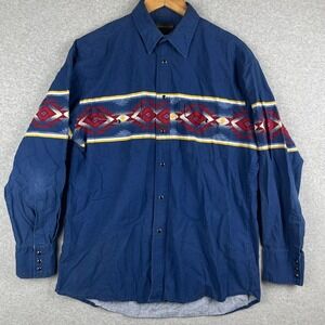 VTG Rustler Shirt Mens Large Blue Aztec‎ Pearl Snap Cowboy Rockabilly Honky Tonk